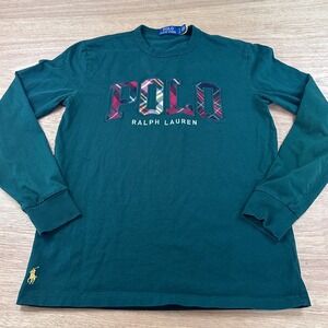 Polo Ralph Lauren Womens Forest Green Plaid Logo Long Sleeve T Shirt Size S